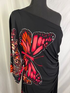 Bisou Bisou Black One-Shoulder Dress with Pink-Red Butterfly Print Size 16